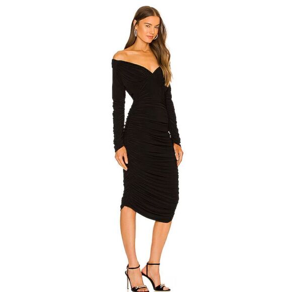 NEW Norma Kamali Tara Black Long Sleeve Dress Deep V Ruched Midi Dress - Picture 4 of 10